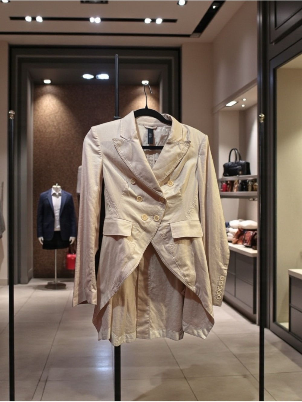 High Use tan cotton/linen tailcoat jacket Avant Garde double breasted